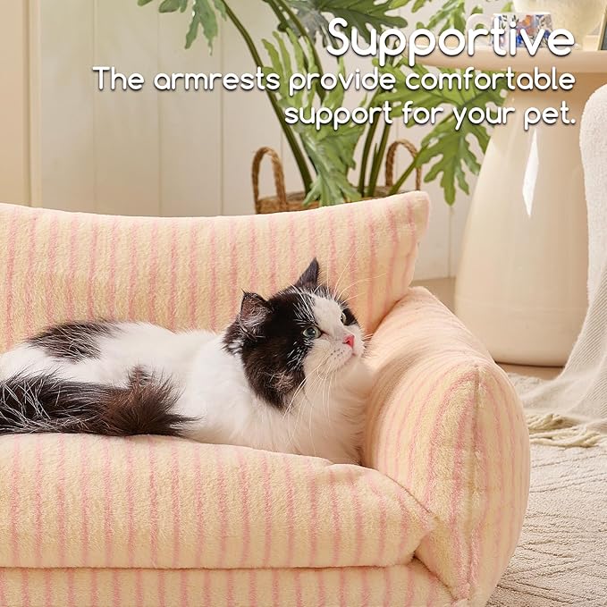 Hollypet Cat Bed Fluffy Plush Multifunctional Double-Layer Machine Washable Soft Warming Kitty Pet Couch Orthopedic Nest Beds for Small Cats Kitten and Dogs up to 13lbs, Pink Stripes(25x20x13 inch)