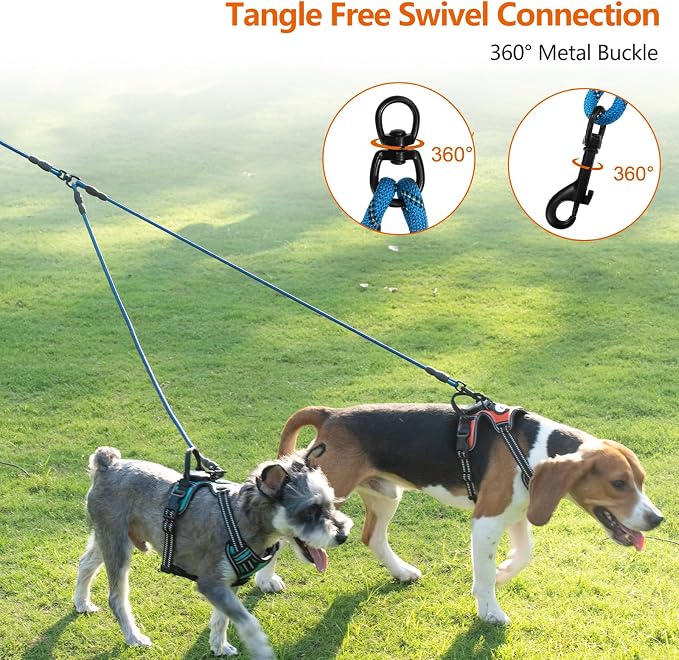 Taglory Double Dog Leash Coupler for Two Dogs, 1/3" Lightweight Dual Leash Extension for Small and Medium Dogs, No Tangle 360° Swivel, Reflective Rope, 30 Inch, Blue