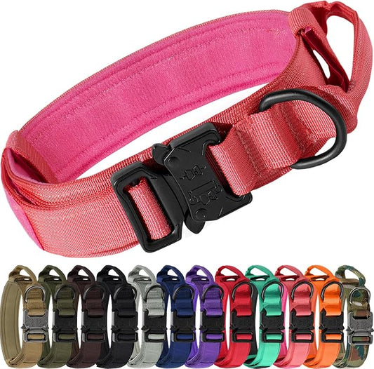 Joytale Tactical Dog Collar with Handle and Metal Buckle, Heavy Duty Padded Military Collar with 2 Patches for Training, Adjustable for Large Dogs, Hotpink, L