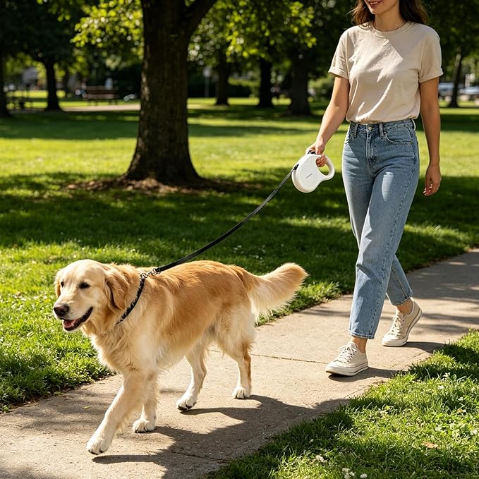26FT Retractable Dog Leash, Heavy Duty Great Leash for Dog up to 110 lbs, 360° Tangle-Free RetractionOne-Handed Brake, Strong Nylon Tape (Large, White)