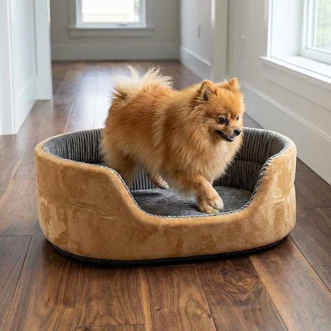 Small Dog Bed Cat Bed 16x20 Inch, Calming Pet Bed for Dogs & Cats, Machine Washable Dog Bed, Half-Enclosed Open-Top Velvet Anti-Anxiety Bed, Cozy Snuggle Bed (Camel)