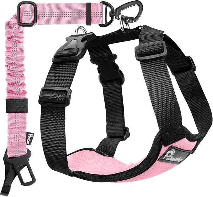 Pawaboo Dog Seat Belt Harness for Car, Dog Car Harness Seatbelt with Double Clips, Adjustable Breathable Pet Vest & Dogs Safety Tether with Elastic Bungee for Small Medium Large Pet, M, Pink + Black