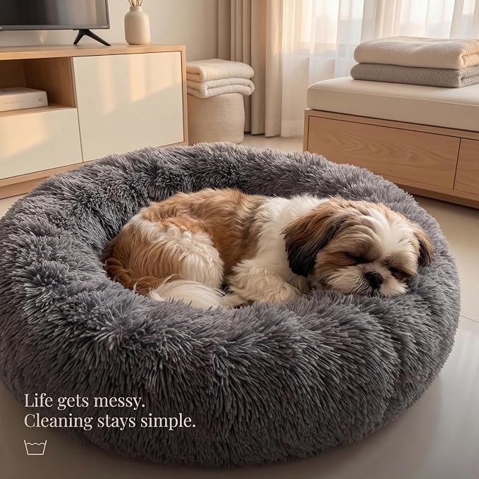 Calming Donut Dogs Beds for Small Dogs Washable,23inch Plush Round Pet Bed for Cozy Sleep,Fluffy Faux Fur Large Cat Bed,Fits up to 25 lbs Pets,Dark Grey