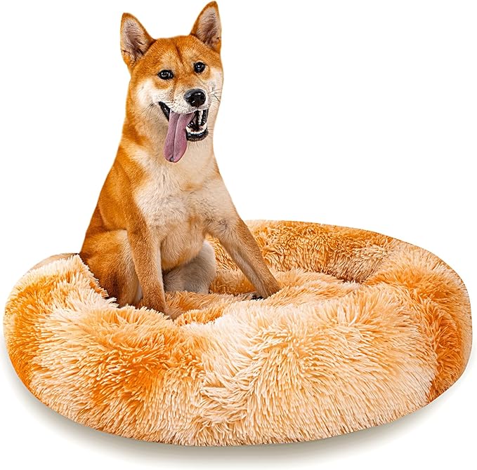 Calming Dog Bed for Medium Dogs Cats, Puppy 31'' Round Anti-Anxiety Warm Fluffy Plush Faux Fur Bed, Soft Anti-Slip Donut Washable, Cozy Medium Puppy Bed, Fits up to 50 lbs Pets