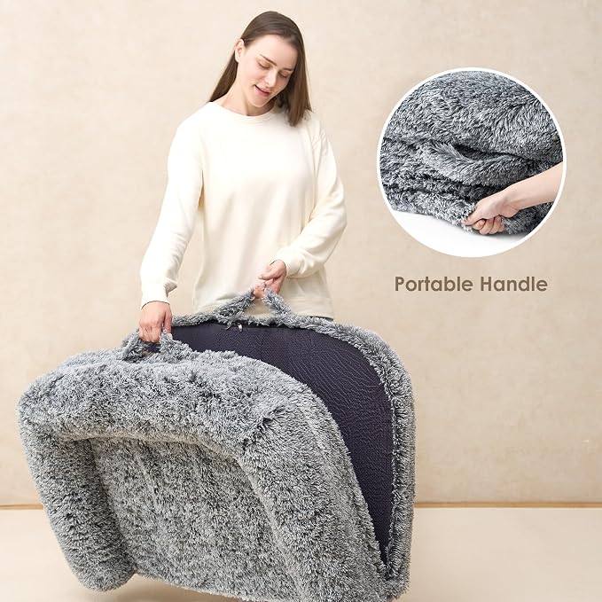 EHEYCIGA Foldable XL Dog Bed, 46"x34"x6.5" Faux Fur Fluffy Pet Couch Bed for Large Dogs, Orthopedic Calming Memory Foam Big Pet Bed, Washable Soft Pet Sofa Bed with Non-Slip Bottom, Grey