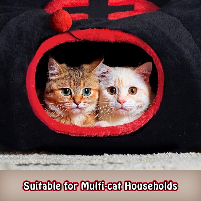 Gothic Cat Bed, Coffin Cat Tunnel House with Washable Cushion, Fits Indoor Cats up to 25 lbs, Cute Peekaboo Cave Pet Bed for Kittens, Rabbits, Halloween Goth Design, Black Red