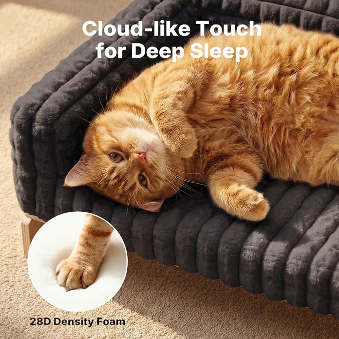 Veehoo Elevated Cat Bed Indoor, Wood Furniture Style Cat Couch Sofa with Removable Washable Cover, Cute & Fluffy Small Cats Bed Furniture for Home