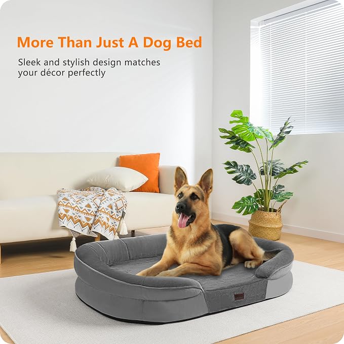 Dwanton Orthopedic Dog Bed for Extra Large Dogs with Gel Memory Foam, Waterproof Dog Sofa, Washable Pet Bed with Four Sided Bolster Cushion, Removable Cover & Non-Slip Bottom, 45", Medium Grey