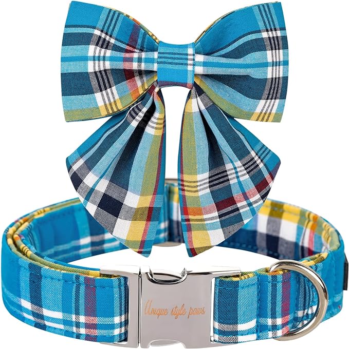 Unique style paws Blue Plaid Dog Collar with Bow Cute Puppy Collar for Small Medium Large Dogs as Autumn Winter Pet Gifts-XS