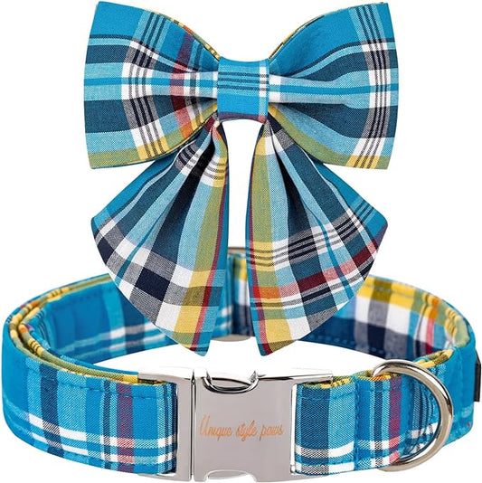 Unique style paws Blue Plaid Dog Collar with Bow Cute Puppy Collar for Small Medium Large Dogs as Autumn Winter Pet Gifts-XS