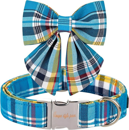 Unique style paws Blue Plaid Dog Collar with Bow Cute Puppy Collar for Small Medium Large Dogs as Autumn Winter Pet Gifts-L