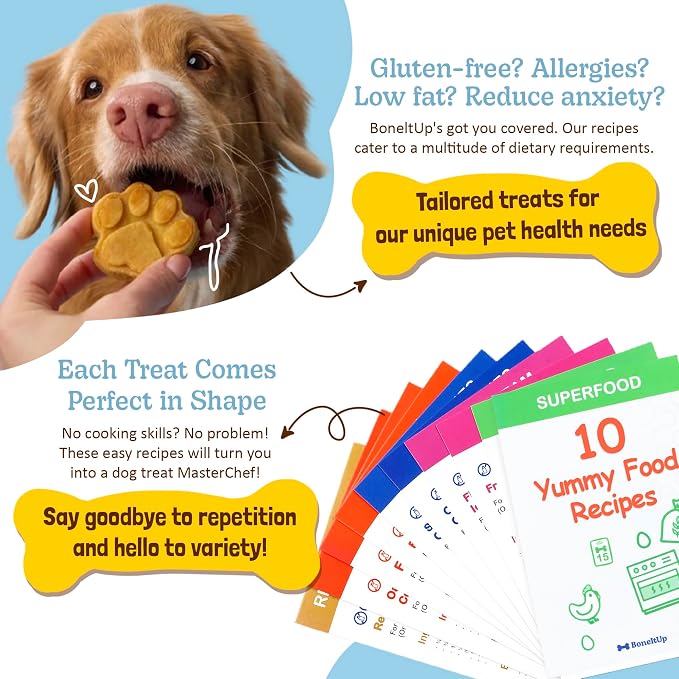BoneItUp Dog Treat Making Kit – All-in-One DIY Cookie Set with Reusable 3 Silicone Dog Treat Molds, 3 Cutters, 10 Recipes & Gift Bags – Make Healthy Homemade Treats for Dogs, XL Kit for Big Dogs