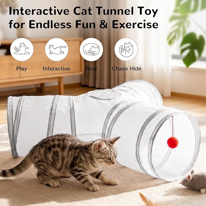 Tempcore Cat Tunnel for Indoor Cats, 3 Way Collapsible Pet Play Tunnel with Teaser Wand, Peek Holes & Hanging Ball, Interactive Tube for Kittens & Rabbits, White & Light Grey
