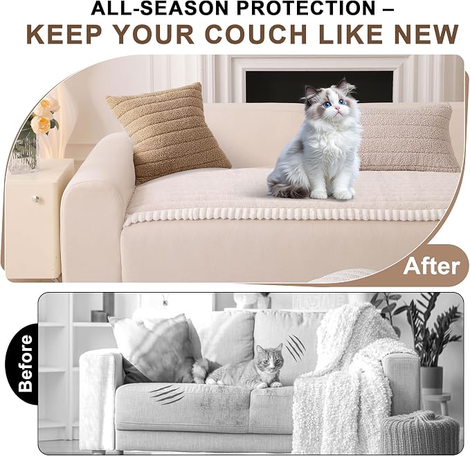 OTOB Sofa Covers for 3 Cushion Couch Washable, All Seasons Fuzzy Non Slip Kids & Pet Friendly Dog Bed Mats Couch Cover, Soft Plush Sofa Slipcovers Furniture Protector (Beige, 27.6" x 70.9'')