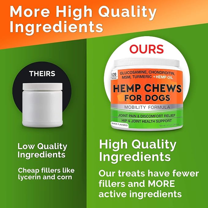 Glucosamine for Dogs Hip & Joint Supplement - Chondroitin, Omega-3, MSM - Joint Health & Pain Relief - Senior & Large Dogs - Made in USA - 120 Count Mobility Chews