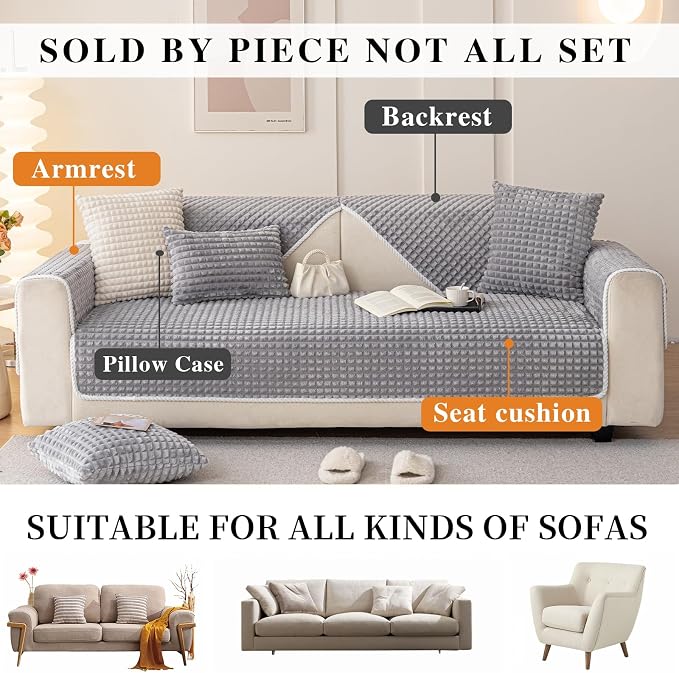 Velvet Couch Cover Sectional, Funny Fuzzy Pet Couch Covers for Large Sectional Sofa, Plush Warm Sofa Covers for Pets Washable, Non-slip Couchs Cover for Pets & Kids(1PC, Light Grey, 35.4"×94.4")