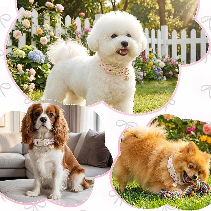 Bow Dog Collar with Pink Heart, Adjustable Cotton Dog Collar for Small Medium Large Dogs, Cute Puppy Collar for Girl Boy Dogs, Ideal for Gifts,Pet Accessory,S