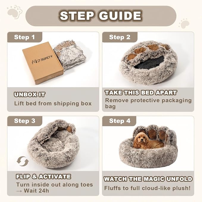 Jiupety Paw Shape Calming Pet Bed, Plush Faux Fur Donut Bed for Dogs & Cats, Machine Washable, Non-Slip Bottom, Medium (22"×22"×6"), Gray
