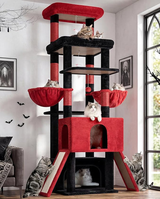 Globlazer Heavy Duty Cat Tree 78 inch Sturdy Gothic Cat Tower for 20lbs Large Adult Cats, Symmetrical Aesthetic Big Goth Cat Tree with Extra Large Platform, 2 Scratching Boards, Z78, Black Red