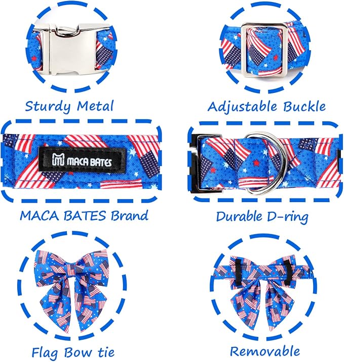 Maca Bates American Flag Dog Collar with Sailor Bow 4th of July Dogs Bowtie Adjustable Durable Patriotic Collars USA Collor Blue Independence Day 4 of 7 Gift for Small Medium Large Boy Girl Puppy