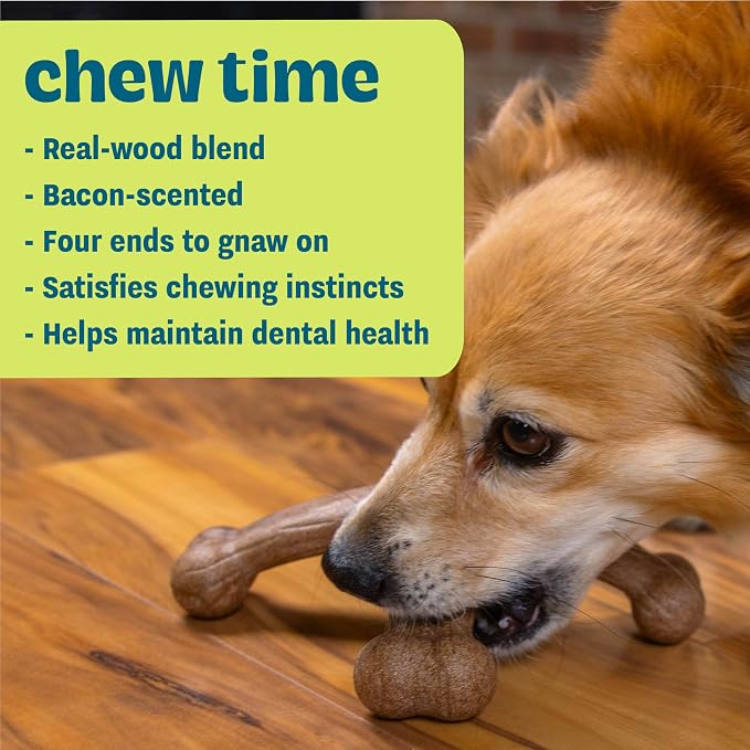 Dogwood Jack Dog Chew Toy – Real-Wood Blend, Bacon Scented, 4 Chewable Ends, Moderate Chewers, Large, 7.5" x 2"