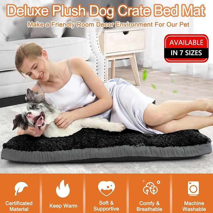POCBLUE XL Dog Beds, Large Pet Bed for Crate, Washable Plush Dog Mat for Cages, Non-Slip Crate Pad for Outdoor/Indoor/Car Use, Comfy & Soft Kennel Pad for Dogs Up to 90 lbs, 41"x27", Black