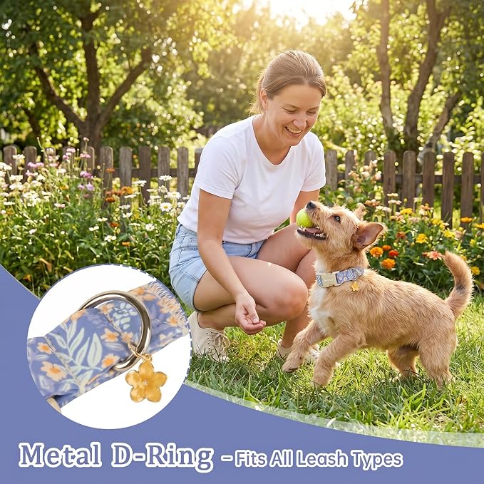 Floral Dog Collar,Blue Flower Printed Adjustable Cotton Puppy Dog Collar for Small Dogs,Cute Girl Boy Dog Collar Ideal Daily Use,S