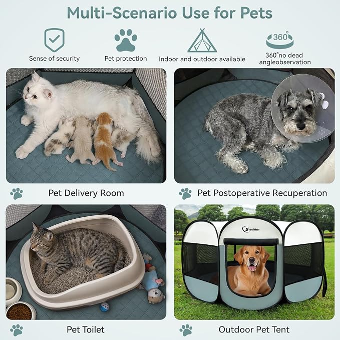 Siedihit Puppy Playpen for Large Dog Cat, Dogs Tent Crate Cage Indoor/Outdoor, Portable Pop Up Dog Kennel with Carrying Bag for Rabbits, Removable Top (Grey with Pad, Large)