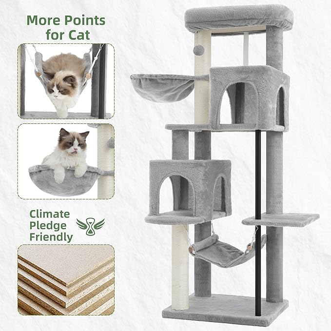 Gitelsnour 51.2'' Cat Tree Tower, Cat Tower with Scratching Post, Sturdy Steel Pube Cat Tree for Inoor Cats Large Adult, Cat Hammock and Basket, Padding Top Platform, Light Gray GCT014W