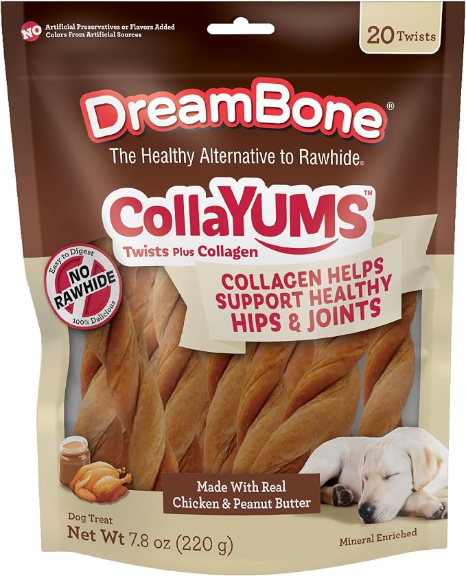 DreamBone CollaYUMS Twists Plus Collagen Chews for Dogs, 20 Count, Treat Your Dog to Rawhide-Free Chews Made with Chicken, Vegetables and Peanut Butter