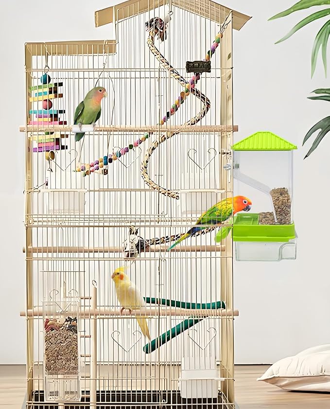 Hamiledyi 2 Pcs Automatic Bird Feeder No Mess Bird Cage Feeder Seed Food Container with Perch Transparent Parrot Cage Accessories for Parakeets, Budgies, Cockatoos, Finches, Lovebirds (Green)