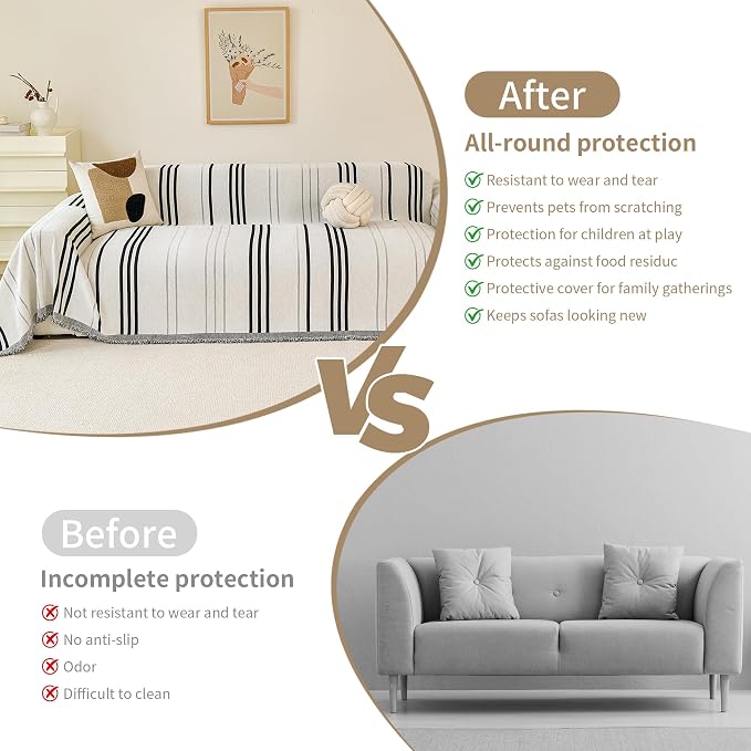VANJOROY Couch Sofa Cover for 3 Cushion Sectional Sofa L-Shape -Washable Chenille Couch Cover for Dogs Pets, Boho Couch Cover Protector Soft Sofa Slipcovers with Tassel,71"x 134"