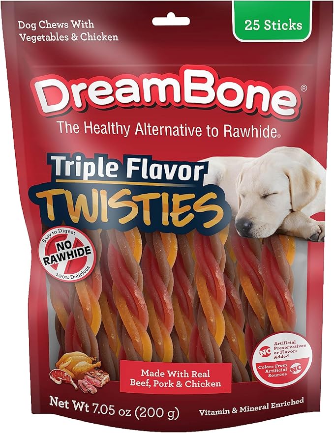 DreamBone Triple Flavor Twisties Dog Treats, Daily Rawhide-Free Chew, Digests Safely, with Real Protein, Beef, Pork, Chicken and Veggies, 25 Count