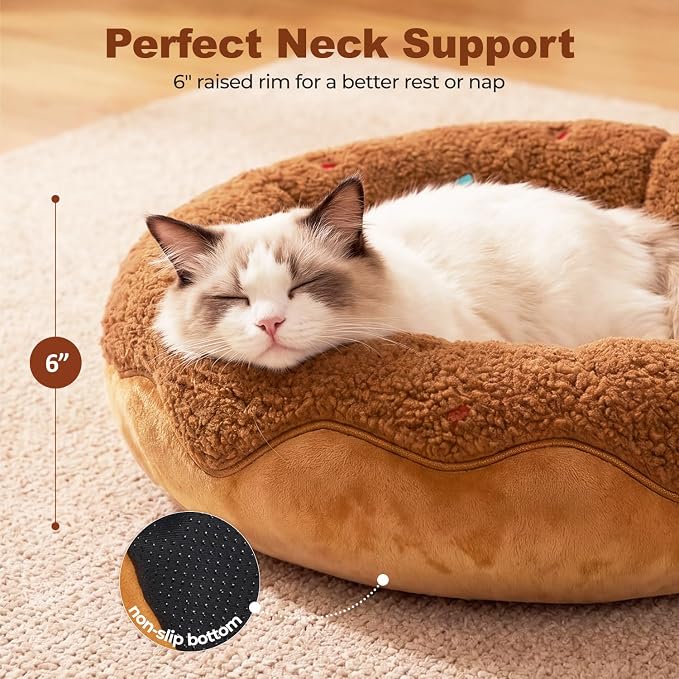 Donut Cat Bed for Indoor Cats, 21" Washable Round Pet Bed for Cats & Small Dogs, Soft Fluffy Plush Calming Bed for Kitten and Puppy with Anti-Slip Base
