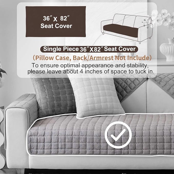 Velvet Washable Couch Cover for Pets Dogs, Non Slip Sectional Sofa Covers for 3 Cushion Couch Sofa L Sharped Sofa Slipcovers, Furniture Protector (1 PCS 36"x82", Dark Grey)