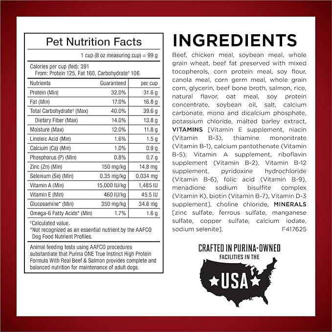 Purina ONE Natural High Protein Dry Dog Food Dry True Instinct with Real Beef and Salmon With Bone Broth and Added Vitamins, Minerals and Nutrients - (Pack of 4) 3.8 lb. Bags