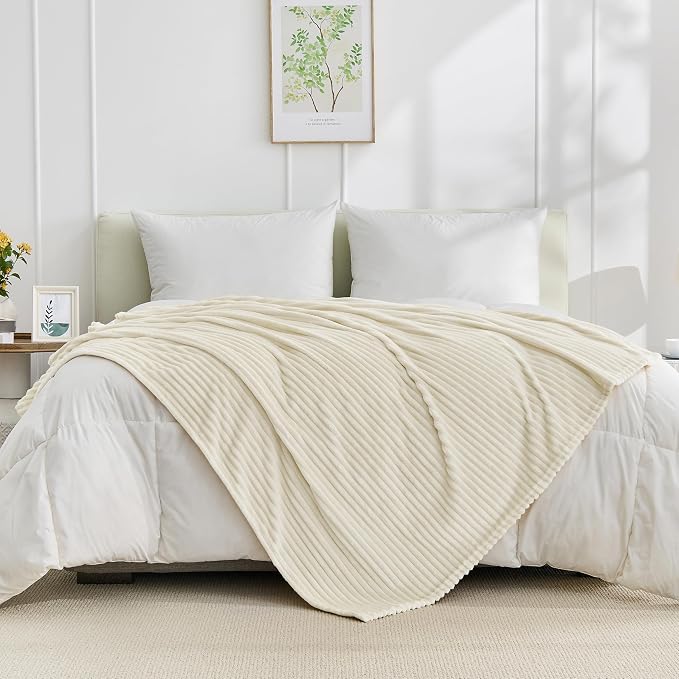 Bnuitland Fleece Throw Blanket for Couch, 300GSM Soft Warm Cozy Fluffy Ivory Throw for Adults & Kids, Stripe Pattern 50"x60", All Season Sofa Bed Blanket for Home Decor