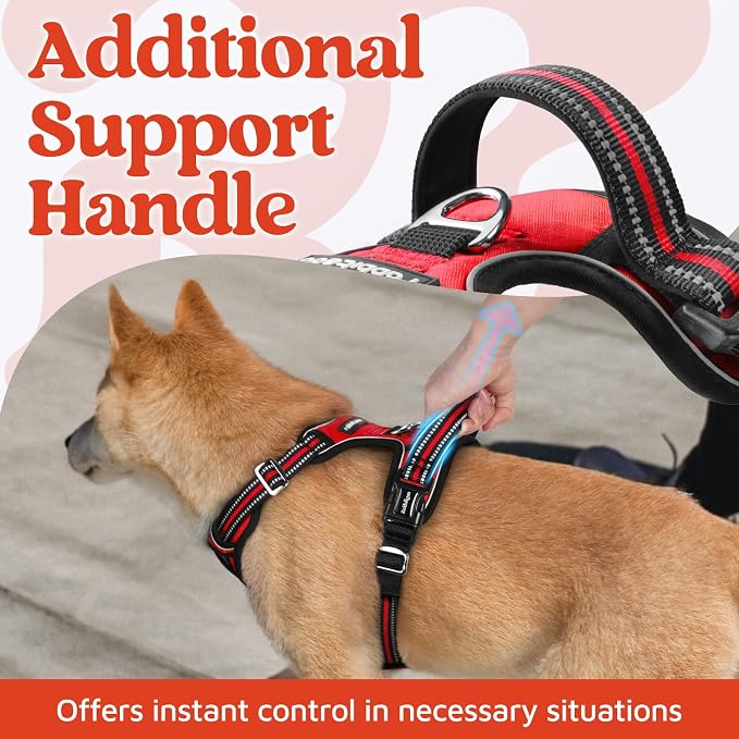 rabbitgoo Dog Harness for Large Dogs, 3 Buckles Easy On & Off No Pull Pet Vest, Soft Padded Walking Pet Harness with Control Handle, Adjustable and Reflective, Red, L