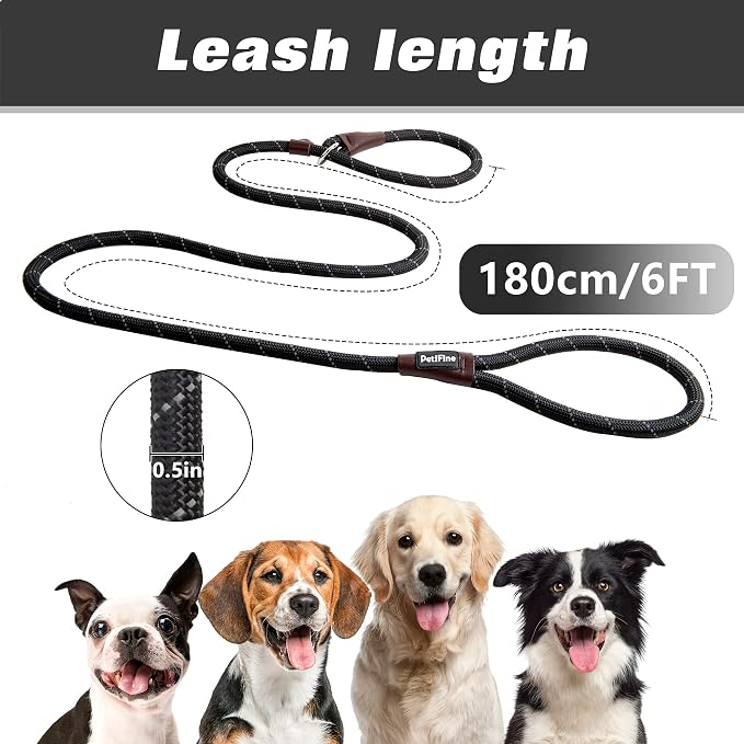 PetiFine Slip Lead Dog Leash - 6FT x 1/2" Reflective Durable Training Rope, Heavy Duty Adjustable Nylon for Small Medium Large Dogs (Black)