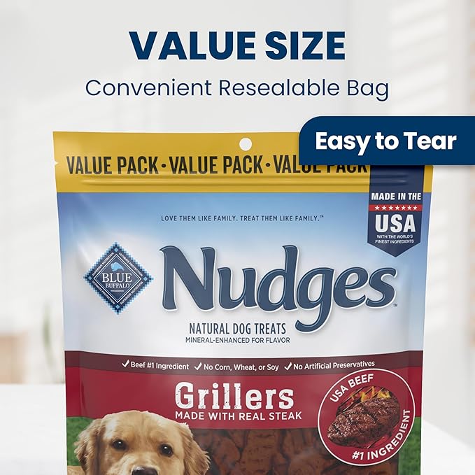 Blue Buffalo Nudges Steak Grillers Natural Dog Treats, Meaty Dog Snacks, Healthy Reward or Training Treat, Made in the USA with Real Beef, No Artificial Preservatives, 36 oz.