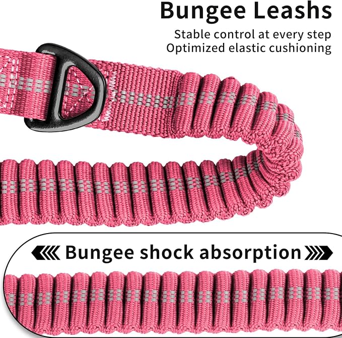 Heavy Duty Tactical Dog Leash, 4-6FT Shock Absorbing Bungee Lead with 2 Padded Handles, Metal Carabiner & Seatbelt Clip, Reflective No-Pull Leash for Medium/Large Dogs (Pink)