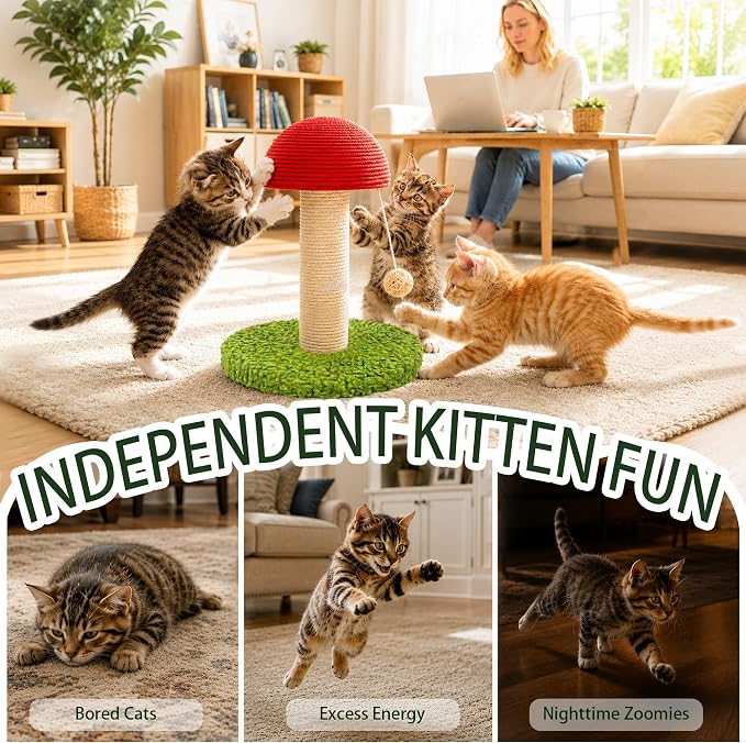Mushroom Cat Scratching Post 11" for Kitten & Small Cats, Mini Cat Tree Stable Base, Natural Sisal Scratcher with Hanging Ball, Space Saving Indoor Cat Toy for Small Spaces and Apartments