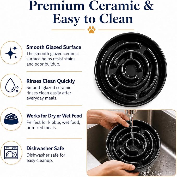 Slow Feeder Dog Bowls, Silicone Dog Bowl with Anti-Slip, Slow Feeder & Non-Slip Design, Boredom and Anxiety Reducer, Suitable for All Breed Dogs and Cat (Ceramic-Black)