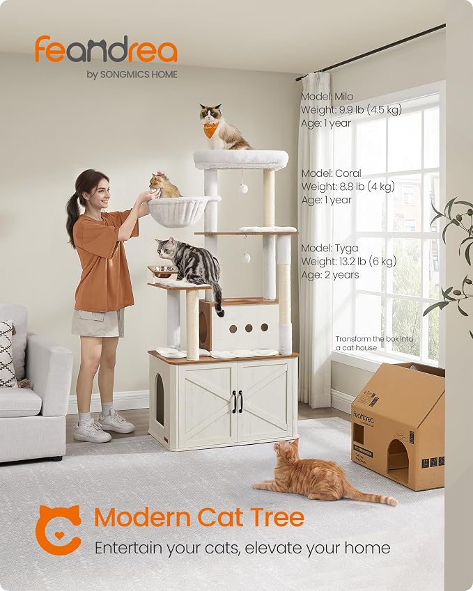 Feandrea Cat Tree, 66.9-Inch Cat Tower with Litter Box Enclosure, Large Condo with Food Station, Storage, Scratching Posts, Cave, Hammock, Washable Cushions, Rustic White and Honey Brown UPCT169W201