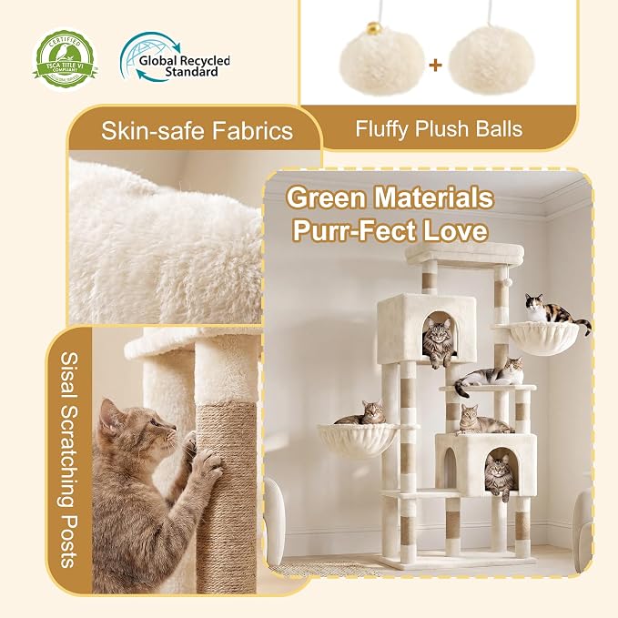 Heybly 68.1" Cat Tree with Oversized Top Platform & Wide Base, Heavy Duty Cat Tower for Large Indoor Cats with 2 Condos, 2 Hammocks, 10 Sisal Scratching Posts, Stable Cat House, Beige HCT059MJ