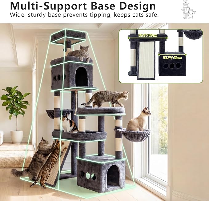 Heybly Cat Tree, 72.4-Inch Anti-Tip Cat Tower for Large Cats, All-in-One Cat Furniture with Spacious Perches, Multiple Interactive Areas, Extra-Large Sisal Scratching Board, Smoky Gray HCT060G