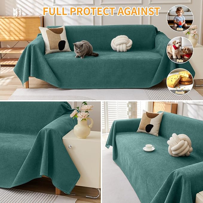 Deep Dream Cat-Scratch Resistant Couch Cover, Waterproof Sofa Cover for 3 Cushion Couch Washable, Pet Friendly Couch Protectors Anti Slip Thickened Love Seat Slipcovers for Dogs Pets,91" x 150",Green