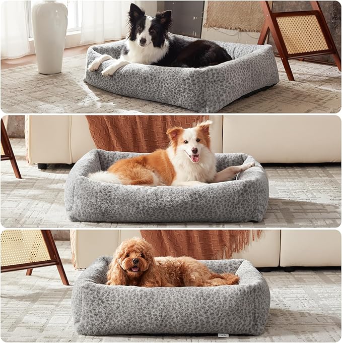 JOEJOY Dog Bed for Small Medium Dogs, Removable Washable Cover Orthopedic Soft Faux Rabbit Fur Pet Bed, Anti-Slip Fluffy Plush Puppy Bed, 25"x21"x7", Leopard Print, Grey