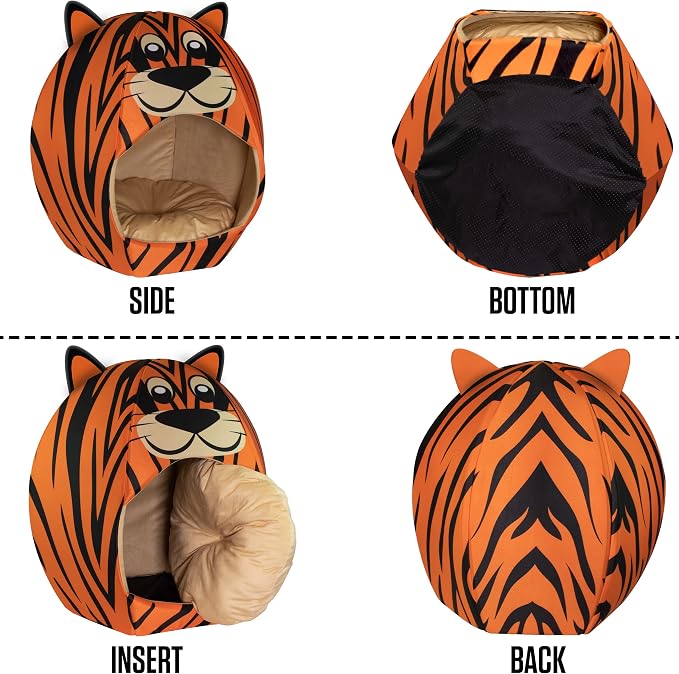 Maccabi Art Tiger Theme Dog Bed - Cute Igloo Style Pet Bet - Fits Medium Dogs, Puppies, Cats - Pillow Insert with Plush Lined Interrior, Non-Slip Igloo Design - 25 x 25 x 22