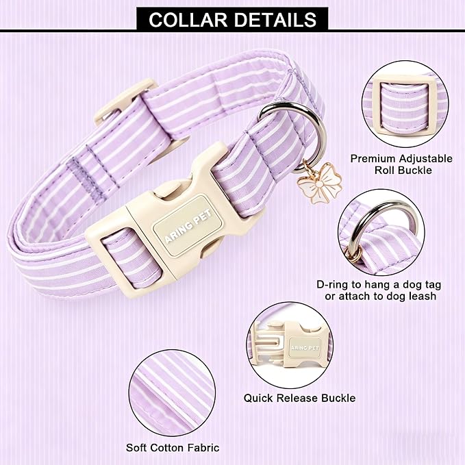 ARING PET Stripe Dog Collar, Cute Spring Summer Purple Stripe Pet Collars with Bow Charm for Puppy Small Medium Large Boy Girl Dogs, for Daily Outdoor Walking Beach Stroll-L